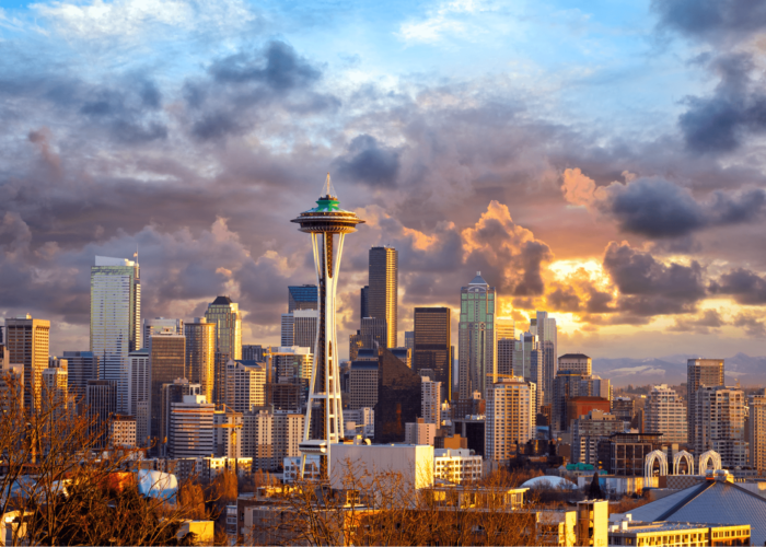 Experience the iconic Seattle skyline at sunset on our private Seattle tours. Marvel at the Space Needle standing proud amidst skyscrapers and a dramatic cloudy sky.