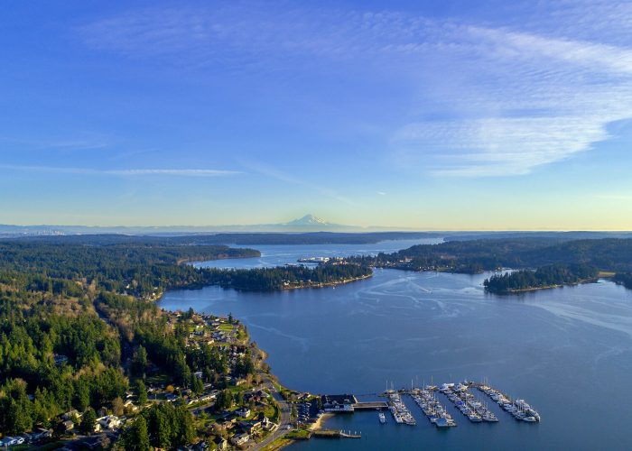 Aerial view of a coastal landscape with a marina, forested areas, and distant mountains under a clear blue sky, ideal for custom Seattle Tours.