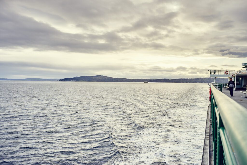 View of Bainbridge Island from ferry, Seattle, Washington State, USA