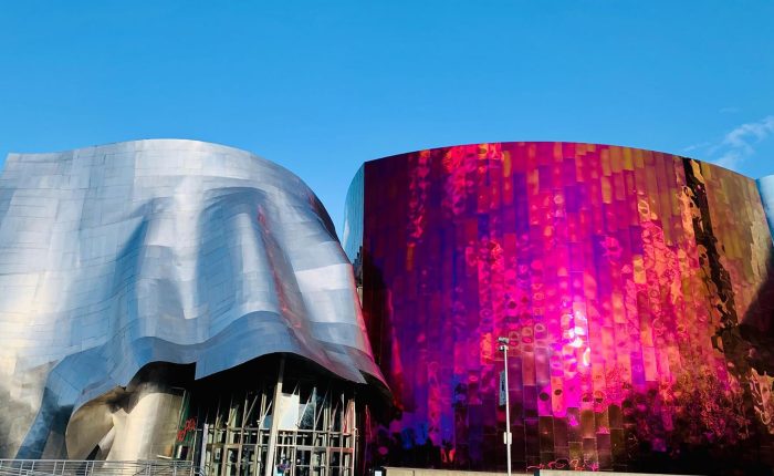 Experience a modern architectural marvel with reflective, curvy silver and vibrant pink-red facades set against the clear blue sky. Perfect for custom Seattle tours, this sight adds a unique charm to your Seattle sightseeing adventure.